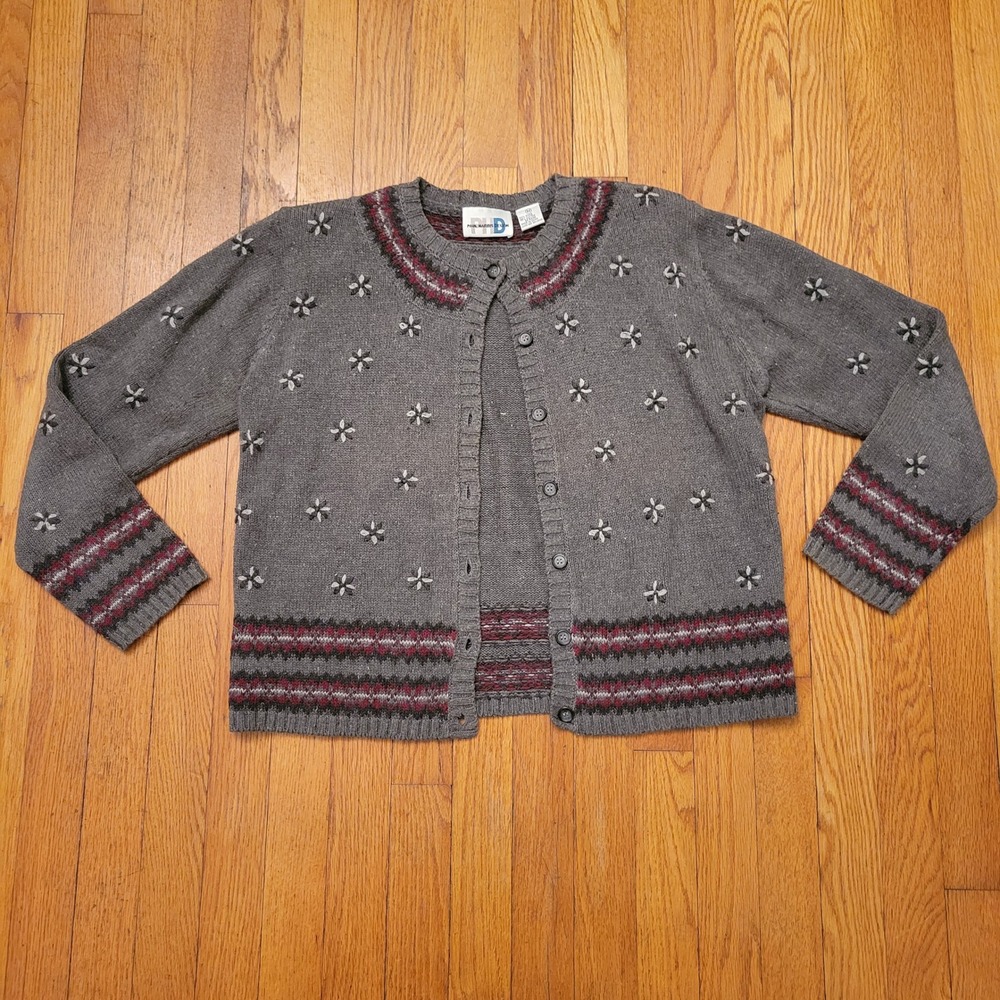 Paul Gray Floral Embroidered Button Up Cardigan Sweater M Eclectic Vintage Retro